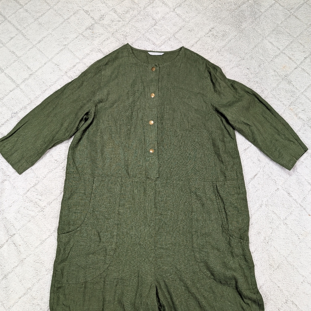 Linenfox Jumpsuit Womens L/XL Green Linen Martin Coverall Snap Up Minimalist - Picture 2 of 9